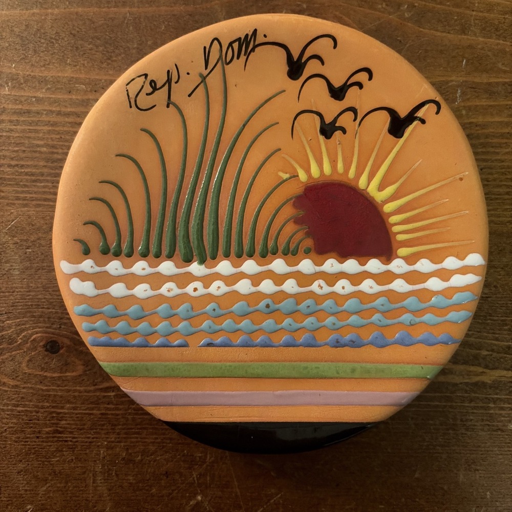 Vtg Mexican Boho Terracotta Clay Pottery Wall Plaque Sunset 5" Diameter